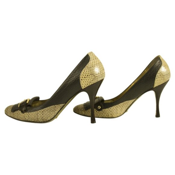 Dolce & Gabbana Black/Beige Python Leather Buckle Detail Fringe Pumps Size 37.5 - Picture 3 of 4